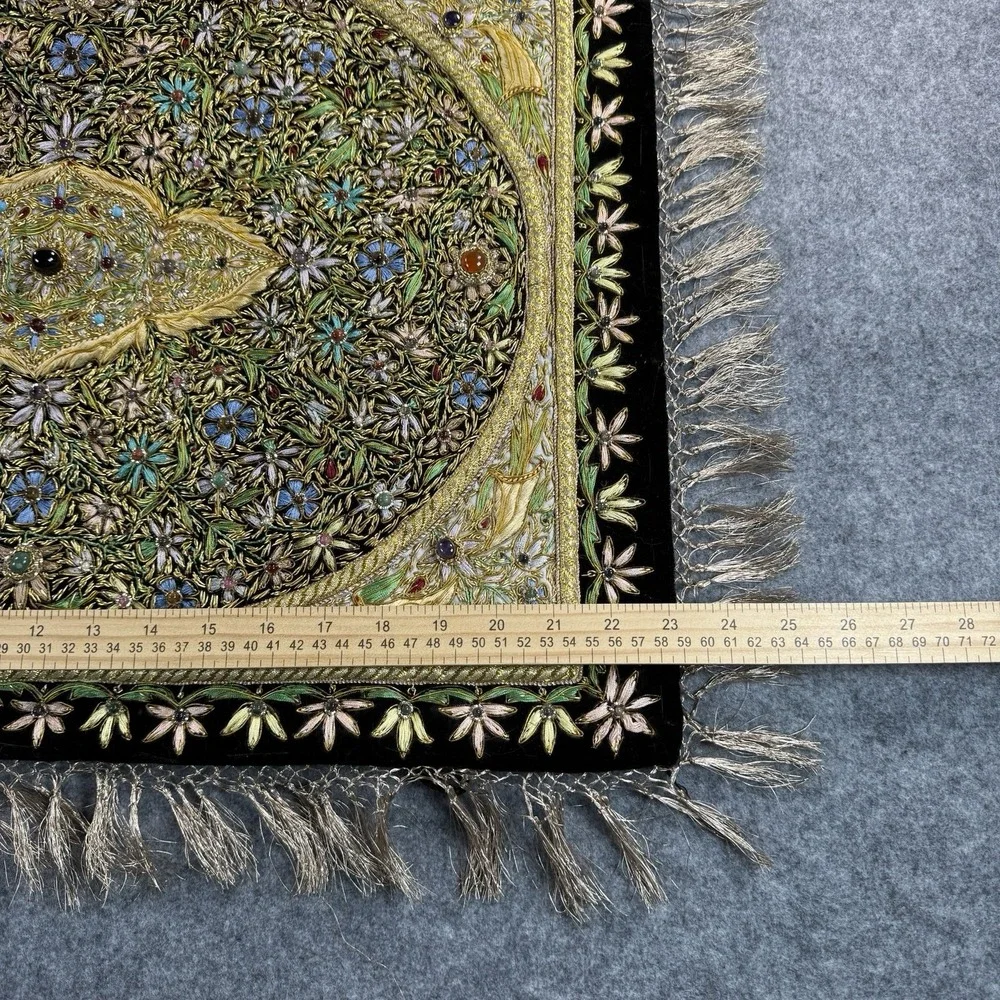 Vintage India Embroidered Wall Hanging Tapestry Beaded Ornate Black Gold Velvet